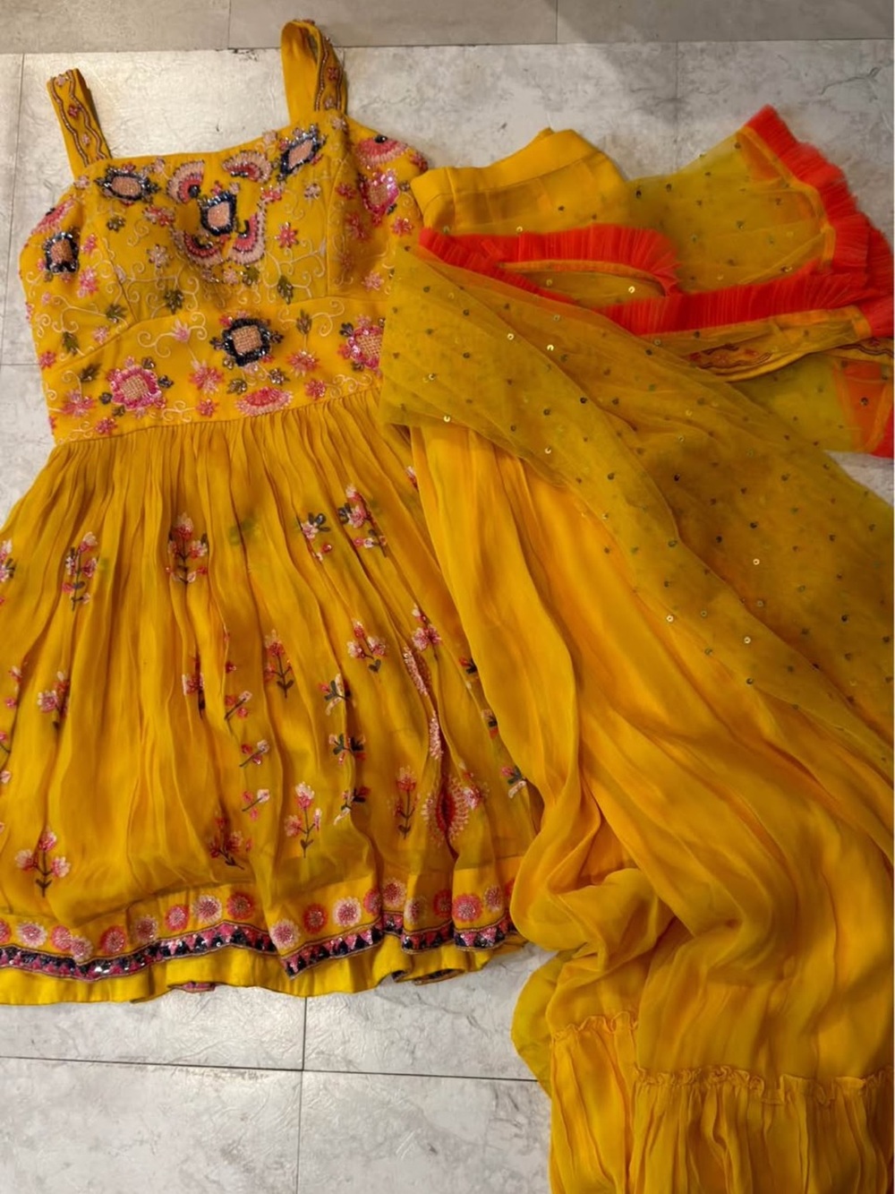 Yellow Embroidered Spaghetti Strap Dress with Coordinating Dupatta